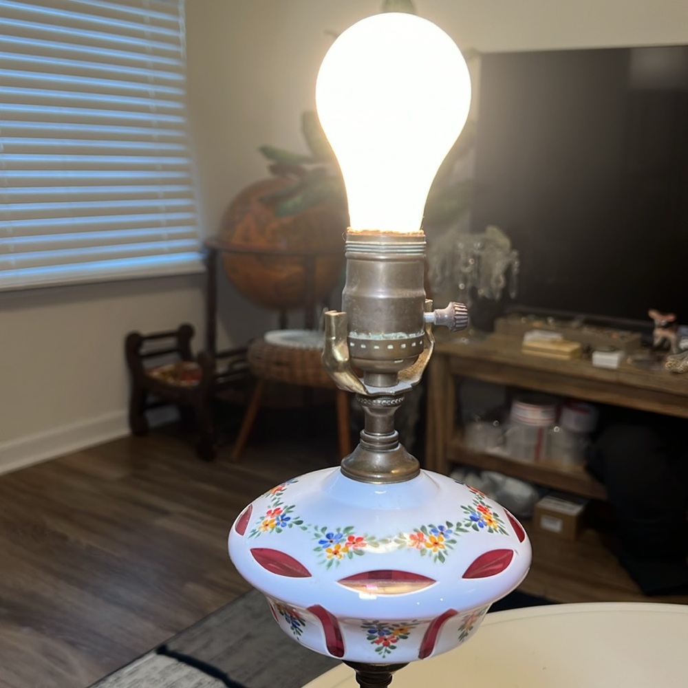 Moser Glass Czech Bohemian Cut Glass Lamp White To Cranberry Painted Floral